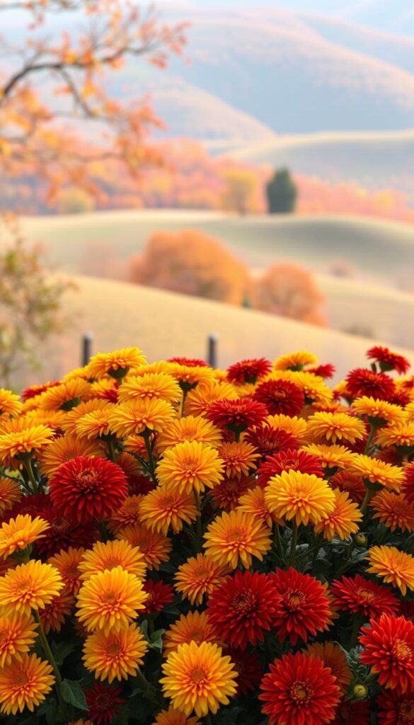 A vibrant array of autumn-blooming chrysanthemums, also known as "mums", fill the foreground of the frame. Their lush, globe-shaped flowers in shades of golden yellow, deep red, and rich orange radiate warmth and cheer. The middle ground showcases a classic fall landscape, with gently rolling hills and a few leafy trees in the distance, their foliage ablaze with the colors of the season. The background is softly blurred, creating a sense of depth and focus on the captivating mums. The lighting is natural and diffused, casting a gentle glow over the scene and highlighting the delicate petals. The overall composition and mood evoke the quintessential feel of a quintessential fall garden, brimming with the timeless beauty of these classic fall icons. A vibrant array of autumn-blooming chrysanthemums, also known as "mums", fill the foreground of the frame. Their lush, globe-shaped flowers in shades of golden yellow, deep red, and rich orange radiate warmth and cheer. The middle ground showcases a classic fall landscape, with gently rolling hills and a few leafy trees in the distance, their foliage ablaze with the colors of the season. The background is softly blurred, creating a sense of depth and focus on the captivating mums. The lighting is natural and diffused, casting a gentle glow over the scene and highlighting the delicate petals. The overall composition and mood evoke the quintessential feel of a quintessential fall garden, brimming with the timeless beauty of these classic fall icons.