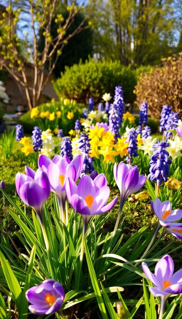 A vibrant array of early spring flowers blooming amidst a verdant garden, bathed in warm, soft lighting. In the foreground, a cluster of delicate crocuses, their vibrant purple petals unfurling to welcome the new season. In the middle ground, a mix of cheerful daffodils and fragrant hyacinths in shades of yellow, white, and blue, swaying gently in a light breeze. In the background, a lush backdrop of budding trees and shrubs, hinting at the verdant growth to come. The scene is infused with a sense of renewal and the promise of the season ahead, inviting the viewer to embrace the first colors of spring.