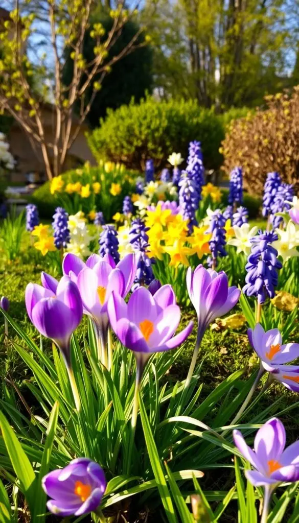 A vibrant array of early spring flowers blooming amidst a verdant garden, bathed in warm, soft lighting. In the foreground, a cluster of delicate crocuses, their vibrant purple petals unfurling to welcome the new season. In the middle ground, a mix of cheerful daffodils and fragrant hyacinths in shades of yellow, white, and blue, swaying gently in a light breeze. In the background, a lush backdrop of budding trees and shrubs, hinting at the verdant growth to come. The scene is infused with a sense of renewal and the promise of the season ahead, inviting the viewer to embrace the first colors of spring. A vibrant array of early spring flowers blooming amidst a verdant garden, bathed in warm, soft lighting. In the foreground, a cluster of delicate crocuses, their vibrant purple petals unfurling to welcome the new season. In the middle ground, a mix of cheerful daffodils and fragrant hyacinths in shades of yellow, white, and blue, swaying gently in a light breeze. In the background, a lush backdrop of budding trees and shrubs, hinting at the verdant growth to come. The scene is infused with a sense of renewal and the promise of the season ahead, inviting the viewer to embrace the first colors of spring.