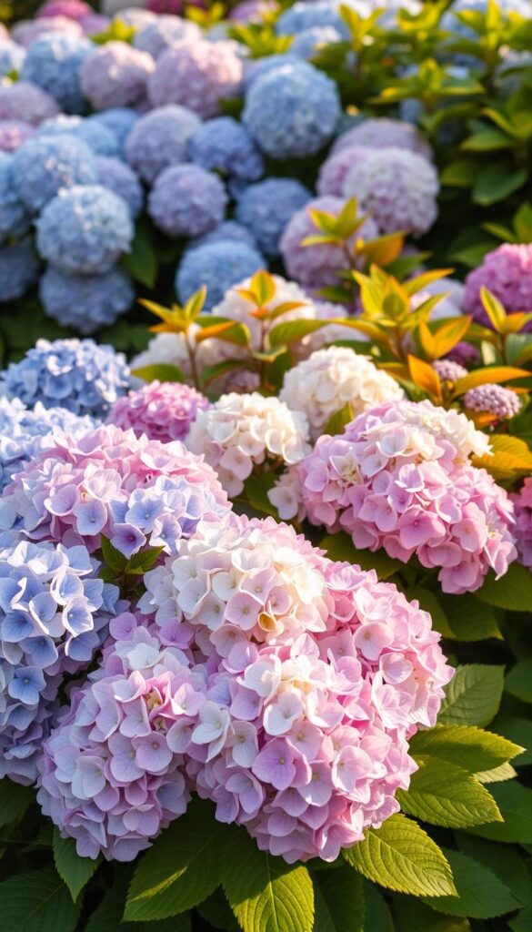 A vibrant array of hydrangea varieties in bloom, bathed in soft, warm lighting that accentuates their delicate petals and lush foliage. In the foreground, a cluster of mophead hydrangeas in shades of blue, pink, and white, their rounded flower heads cascading gracefully. In the middle ground, a mix of lacecap hydrangeas with their intricate, lace-like blooms intertwined with oakleaf hydrangeas, their large leaves turning autumnal hues. The background features a backdrop of Japanese hydrangeas, their pointed petals creating a harmonious, natural composition. Captured with a shallow depth of field, drawing the viewer's focus to the captivating textures and colors of these quintessential perennial flowers. A vibrant array of hydrangea varieties in bloom, bathed in soft, warm lighting that accentuates their delicate petals and lush foliage. In the foreground, a cluster of mophead hydrangeas in shades of blue, pink, and white, their rounded flower heads cascading gracefully. In the middle ground, a mix of lacecap hydrangeas with their intricate, lace-like blooms intertwined with oakleaf hydrangeas, their large leaves turning autumnal hues. The background features a backdrop of Japanese hydrangeas, their pointed petals creating a harmonious, natural composition. Captured with a shallow depth of field, drawing the viewer's focus to the captivating textures and colors of these quintessential perennial flowers.