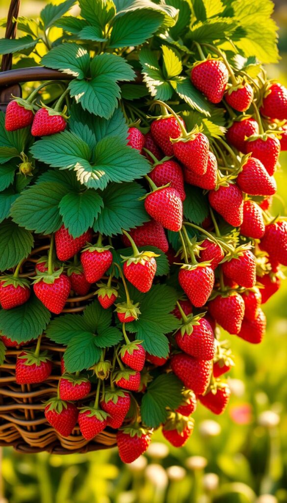 A vibrant array of lush, ripe strawberries cascading from a rustic hanging basket, bathed in warm, golden sunlight. The plump, ruby-red berries contrast beautifully against the verdant, textured foliage, each leaf a unique shape and shade. The basket's intricate, woven design casts delicate shadows, adding depth and dimension. In the background, a blurred, hazy garden scene hints at the verdant setting, creating a sense of tranquility and abundance. The overall composition evokes a feeling of bountiful harvest and the joy of growing strawberries in a small, contained space. A vibrant array of lush, ripe strawberries cascading from a rustic hanging basket, bathed in warm, golden sunlight. The plump, ruby-red berries contrast beautifully against the verdant, textured foliage, each leaf a unique shape and shade. The basket's intricate, woven design casts delicate shadows, adding depth and dimension. In the background, a blurred, hazy garden scene hints at the verdant setting, creating a sense of tranquility and abundance. The overall composition evokes a feeling of bountiful harvest and the joy of growing strawberries in a small, contained space.