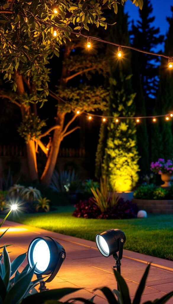 A vibrant array of outdoor lights illuminating a lush backyard oasis. In the foreground, rugged, weatherproof LED spotlights cast warm, inviting pools of light across the patio and garden beds. In the middle ground, delicate string lights draped overhead create a cozy, ambient glow. In the background, tall trees and shrubs are subtly highlighted, casting dramatic shadows and silhouettes. The scene conveys a sense of durability, functionality, and natural beauty, perfect for an evening spent enjoying the great outdoors. A vibrant array of outdoor lights illuminating a lush backyard oasis. In the foreground, rugged, weatherproof LED spotlights cast warm, inviting pools of light across the patio and garden beds. In the middle ground, delicate string lights draped overhead create a cozy, ambient glow. In the background, tall trees and shrubs are subtly highlighted, casting dramatic shadows and silhouettes. The scene conveys a sense of durability, functionality, and natural beauty, perfect for an evening spent enjoying the great outdoors.