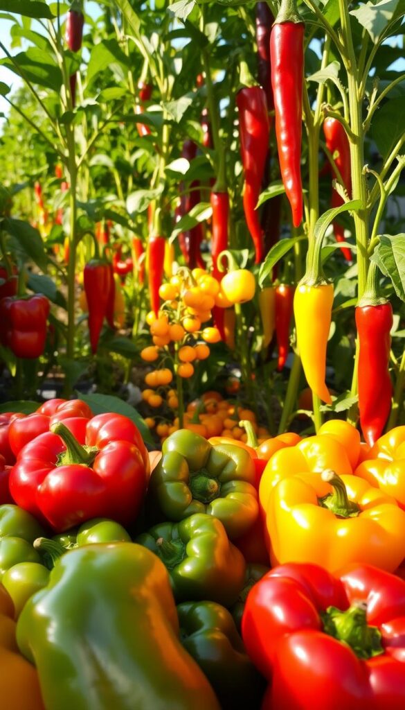 A vibrant array of peppers in an abundant summer harvest, bathed in warm sunlight. In the foreground, a cluster of bell peppers in a rainbow of colors - crimson, gold, emerald - their glossy surfaces catching the light. Behind them, slender, tapered chili peppers in shades of fiery red and deep purple, their long stems reaching skyward. In the middle ground, a sprinkling of smaller, round peppers in a medley of orange, yellow, and ivory hues. The plants stand tall and sturdy, their leaves a deep, verdant green, casting dappled shadows across the scene. A sense of patient, bountiful growth pervades the composition, inviting the viewer to savor the flavors and textures of this versatile summer vegetable. A vibrant array of peppers in an abundant summer harvest, bathed in warm sunlight. In the foreground, a cluster of bell peppers in a rainbow of colors - crimson, gold, emerald - their glossy surfaces catching the light. Behind them, slender, tapered chili peppers in shades of fiery red and deep purple, their long stems reaching skyward. In the middle ground, a sprinkling of smaller, round peppers in a medley of orange, yellow, and ivory hues. The plants stand tall and sturdy, their leaves a deep, verdant green, casting dappled shadows across the scene. A sense of patient, bountiful growth pervades the composition, inviting the viewer to savor the flavors and textures of this versatile summer vegetable.