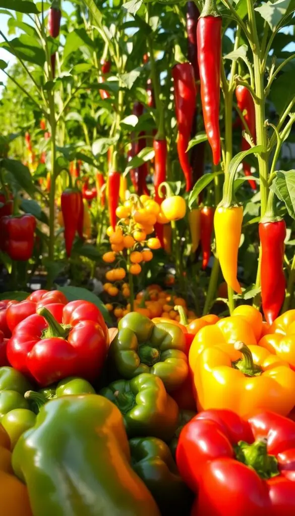 A vibrant array of peppers in an abundant summer harvest, bathed in warm sunlight. In the foreground, a cluster of bell peppers in a rainbow of colors - crimson, gold, emerald - their glossy surfaces catching the light. Behind them, slender, tapered chili peppers in shades of fiery red and deep purple, their long stems reaching skyward. In the middle ground, a sprinkling of smaller, round peppers in a medley of orange, yellow, and ivory hues. The plants stand tall and sturdy, their leaves a deep, verdant green, casting dappled shadows across the scene. A sense of patient, bountiful growth pervades the composition, inviting the viewer to savor the flavors and textures of this versatile summer vegetable. A vibrant array of peppers in an abundant summer harvest, bathed in warm sunlight. In the foreground, a cluster of bell peppers in a rainbow of colors - crimson, gold, emerald - their glossy surfaces catching the light. Behind them, slender, tapered chili peppers in shades of fiery red and deep purple, their long stems reaching skyward. In the middle ground, a sprinkling of smaller, round peppers in a medley of orange, yellow, and ivory hues. The plants stand tall and sturdy, their leaves a deep, verdant green, casting dappled shadows across the scene. A sense of patient, bountiful growth pervades the composition, inviting the viewer to savor the flavors and textures of this versatile summer vegetable.