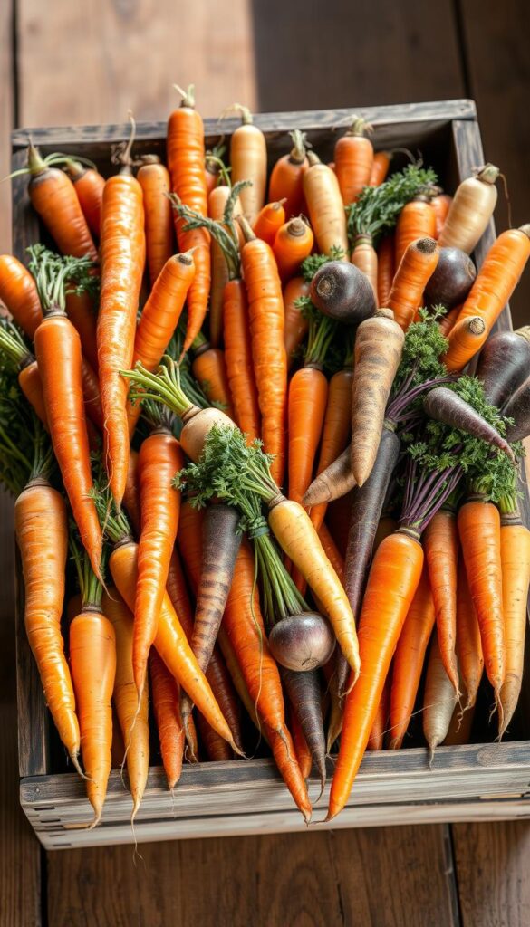 A vibrant assortment of carrot varieties arranged in a rustic, wooden crate. Diverse shapes, sizes, and hues of orange, purple, yellow, and white carrots fill the frame, showcasing their unique characteristics. Soft, natural lighting illuminates the scene, casting gentle shadows and highlighting the textural details of the carrots' skin. The crate is positioned on a wooden table or surface, creating a warm, earthy backdrop that complements the produce. The overall composition conveys the abundance and variety of carrots that can thrive in container gardens, inviting the viewer to explore the possibilities of growing this versatile vegetable. A vibrant assortment of carrot varieties arranged in a rustic, wooden crate. Diverse shapes, sizes, and hues of orange, purple, yellow, and white carrots fill the frame, showcasing their unique characteristics. Soft, natural lighting illuminates the scene, casting gentle shadows and highlighting the textural details of the carrots' skin. The crate is positioned on a wooden table or surface, creating a warm, earthy backdrop that complements the produce. The overall composition conveys the abundance and variety of carrots that can thrive in container gardens, inviting the viewer to explore the possibilities of growing this versatile vegetable.