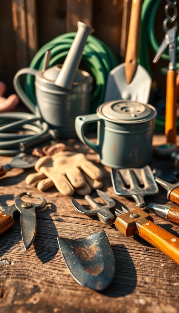 A vibrant assortment of garden tools arranged on a wooden work surface, bathed in warm, natural light. In the foreground, a pair of sharp pruning shears, a trowel with a sturdy wooden handle, and a small hand cultivator, their metal surfaces gleaming. In the middle ground, a watering can with a long, curved spout, a pair of gardening gloves, and a small spray bottle. In the background, a neatly coiled garden hose, a small shovel, and a pair of garden snips, all casting subtle shadows on the weathered wood. The composition is balanced and visually appealing, conveying a sense of organization and readiness for the task at hand. A vibrant assortment of garden tools arranged on a wooden work surface, bathed in warm, natural light. In the foreground, a pair of sharp pruning shears, a trowel with a sturdy wooden handle, and a small hand cultivator, their metal surfaces gleaming. In the middle ground, a watering can with a long, curved spout, a pair of gardening gloves, and a small spray bottle. In the background, a neatly coiled garden hose, a small shovel, and a pair of garden snips, all casting subtle shadows on the weathered wood. The composition is balanced and visually appealing, conveying a sense of organization and readiness for the task at hand.