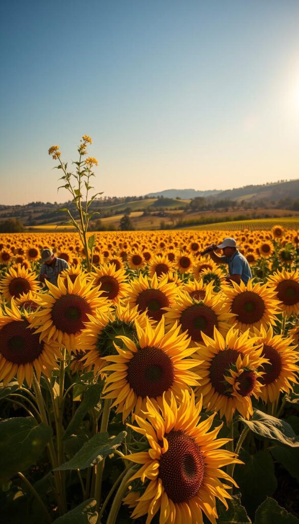 A vibrant autumn field bathed in warm, golden sunlight. In the foreground, a bountiful harvest of ripe sunflower heads, their petals gently drooping as workers carefully extract the plump, glistening seeds. The middle ground reveals rows of towering sunflower stalks, their vibrant yellow blooms swaying softly in the gentle breeze. In the background, a picturesque rural landscape unfolds, with rolling hills and a distant treeline silhouetted against a clear, azure sky. The overall scene conveys a sense of abundance, hard work, and the natural beauty of the sunflower harvest. A vibrant autumn field bathed in warm, golden sunlight. In the foreground, a bountiful harvest of ripe sunflower heads, their petals gently drooping as workers carefully extract the plump, glistening seeds. The middle ground reveals rows of towering sunflower stalks, their vibrant yellow blooms swaying softly in the gentle breeze. In the background, a picturesque rural landscape unfolds, with rolling hills and a distant treeline silhouetted against a clear, azure sky. The overall scene conveys a sense of abundance, hard work, and the natural beauty of the sunflower harvest.