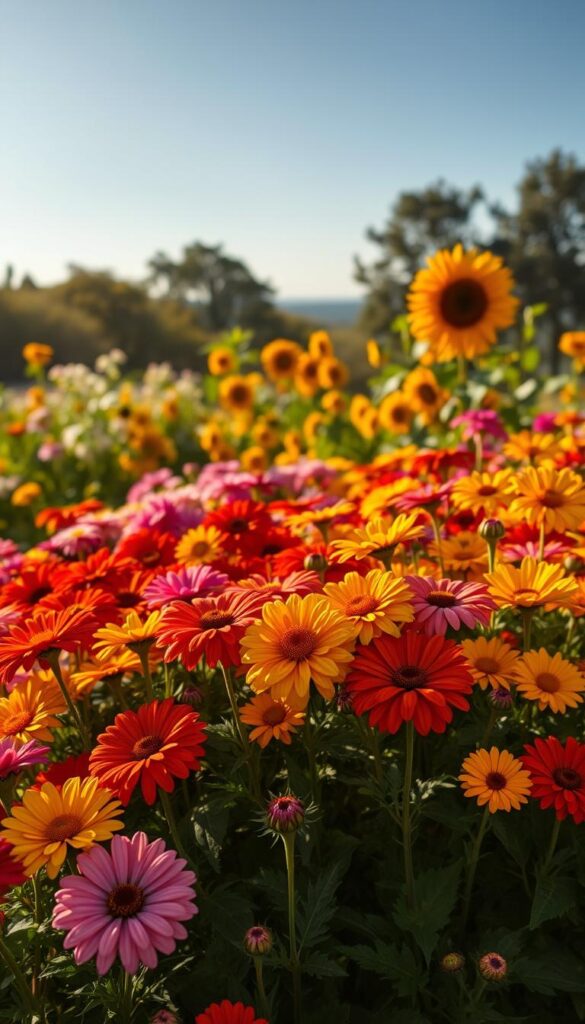 A vibrant autumn garden in late summer, bathed in warm, golden sunlight. In the foreground, a lush arrangement of colorful annuals - marigolds, zinnias, and cosmos, their petals glowing with a radiant energy. The middle ground reveals a mix of dahlias, sunflowers, and rudbeckia, their bold hues dancing in the gentle breeze. In the background, a hazy silhouette of trees and a clear, azure sky, creating a sense of depth and tranquility. The scene is captured with a shallow depth of field, allowing the vibrant blooms to take center stage, their intricate details and textures accentuated by the soft, atmospheric lighting. This is a scene of late summer abundance, a celebration of nature's vibrant palette before the arrival of autumn. A vibrant autumn garden in late summer, bathed in warm, golden sunlight. In the foreground, a lush arrangement of colorful annuals - marigolds, zinnias, and cosmos, their petals glowing with a radiant energy. The middle ground reveals a mix of dahlias, sunflowers, and rudbeckia, their bold hues dancing in the gentle breeze. In the background, a hazy silhouette of trees and a clear, azure sky, creating a sense of depth and tranquility. The scene is captured with a shallow depth of field, allowing the vibrant blooms to take center stage, their intricate details and textures accentuated by the soft, atmospheric lighting. This is a scene of late summer abundance, a celebration of nature's vibrant palette before the arrival of autumn.