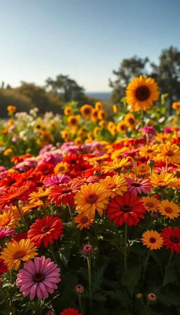 A vibrant autumn garden in late summer, bathed in warm, golden sunlight. In the foreground, a lush arrangement of colorful annuals - marigolds, zinnias, and cosmos, their petals glowing with a radiant energy. The middle ground reveals a mix of dahlias, sunflowers, and rudbeckia, their bold hues dancing in the gentle breeze. In the background, a hazy silhouette of trees and a clear, azure sky, creating a sense of depth and tranquility. The scene is captured with a shallow depth of field, allowing the vibrant blooms to take center stage, their intricate details and textures accentuated by the soft, atmospheric lighting. This is a scene of late summer abundance, a celebration of nature's vibrant palette before the arrival of autumn. A vibrant autumn garden in late summer, bathed in warm, golden sunlight. In the foreground, a lush arrangement of colorful annuals - marigolds, zinnias, and cosmos, their petals glowing with a radiant energy. The middle ground reveals a mix of dahlias, sunflowers, and rudbeckia, their bold hues dancing in the gentle breeze. In the background, a hazy silhouette of trees and a clear, azure sky, creating a sense of depth and tranquility. The scene is captured with a shallow depth of field, allowing the vibrant blooms to take center stage, their intricate details and textures accentuated by the soft, atmospheric lighting. This is a scene of late summer abundance, a celebration of nature's vibrant palette before the arrival of autumn.