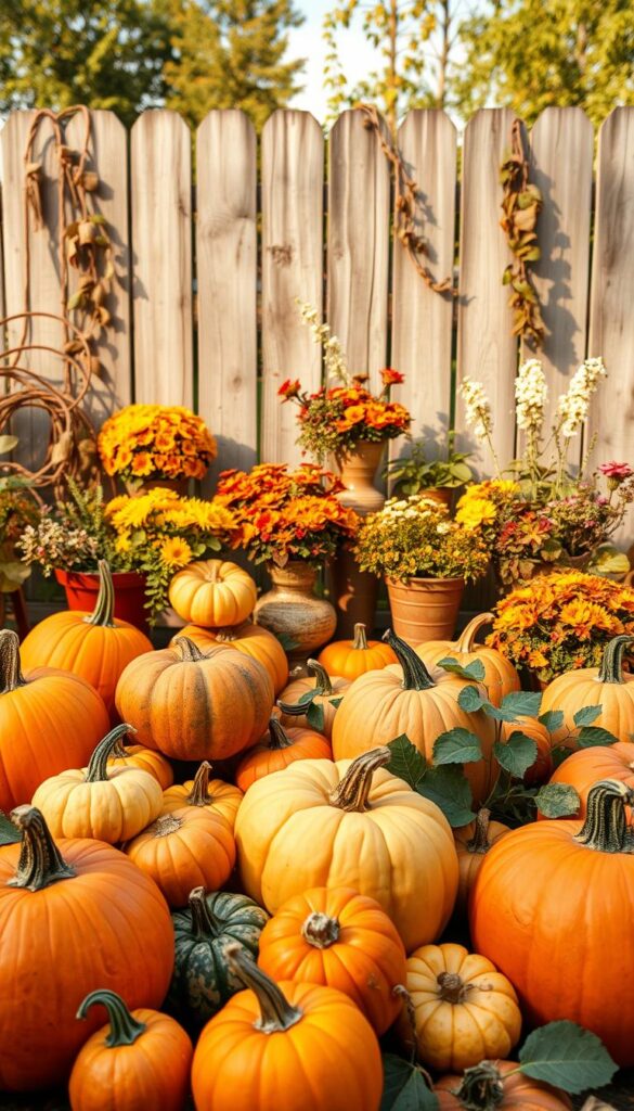 A vibrant autumn garden scene, captured through the lens of a wide-angle camera. In the foreground, an assortment of pumpkins and gourds in varying shades of orange, yellow, and green. Their shapes and textures create a tactile, handcrafted feel. In the middle ground, a mix of potted plants and floral arrangements, with a focus on contrasting colors and heights. Cascading vines, lush foliage, and delicate blooms add depth and dimension. The background features a rustic wooden fence, weathered by time, creating a sense of cozy, countryside charm. Warm, golden lighting bathes the scene, casting soft, natural shadows and highlighting the rich, autumnal palette. An inviting, DIY-inspired atmosphere, brimming with creative design ideas to try this week. A vibrant autumn garden scene, captured through the lens of a wide-angle camera. In the foreground, an assortment of pumpkins and gourds in varying shades of orange, yellow, and green. Their shapes and textures create a tactile, handcrafted feel. In the middle ground, a mix of potted plants and floral arrangements, with a focus on contrasting colors and heights. Cascading vines, lush foliage, and delicate blooms add depth and dimension. The background features a rustic wooden fence, weathered by time, creating a sense of cozy, countryside charm. Warm, golden lighting bathes the scene, casting soft, natural shadows and highlighting the rich, autumnal palette. An inviting, DIY-inspired atmosphere, brimming with creative design ideas to try this week.