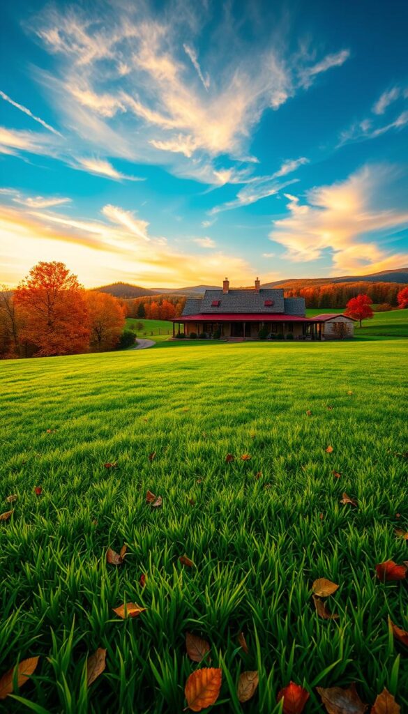 A vibrant autumn landscape with a lush, verdant lawn in the foreground. The grass is dotted with golden leaves, hinting at the changing seasons. In the middle ground, a picturesque farmhouse with a wraparound porch and a red-tiled roof stands surrounded by rolling hills and trees ablaze with autumnal hues. The sky is a deep, cerulean blue, with wispy clouds illuminated by the warm, golden glow of the setting sun. The scene exudes a sense of tranquility and the perfect time to begin the process of overseeding, with the ideal conditions for new grass growth.