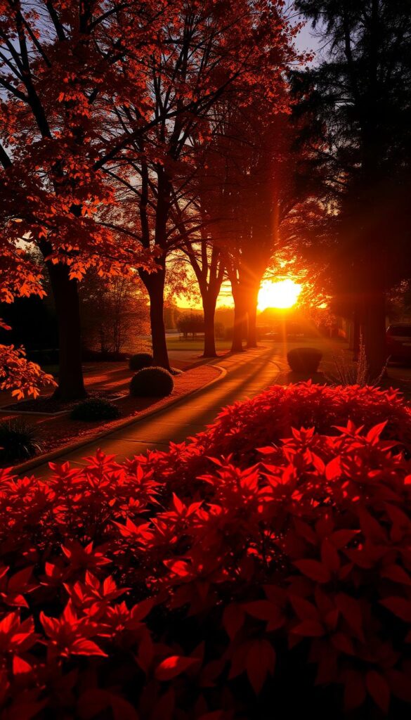 A vibrant, autumnal scene bathed in the warm, golden glow of the setting sun. In the foreground, a lush array of fall foliage in rich hues of red, orange, and yellow, each leaf captured in crisp detail. The middle ground showcases a tranquil garden path, its edges lined with towering trees, their branches casting long shadows across the ground. In the background, the horizon is painted with a stunning sunset, the sky ablaze with shades of amber, crimson, and tangerine. The overall atmosphere is one of serene, contemplative beauty, inviting the viewer to bask in the radiant light and vibrant colors of the present season.