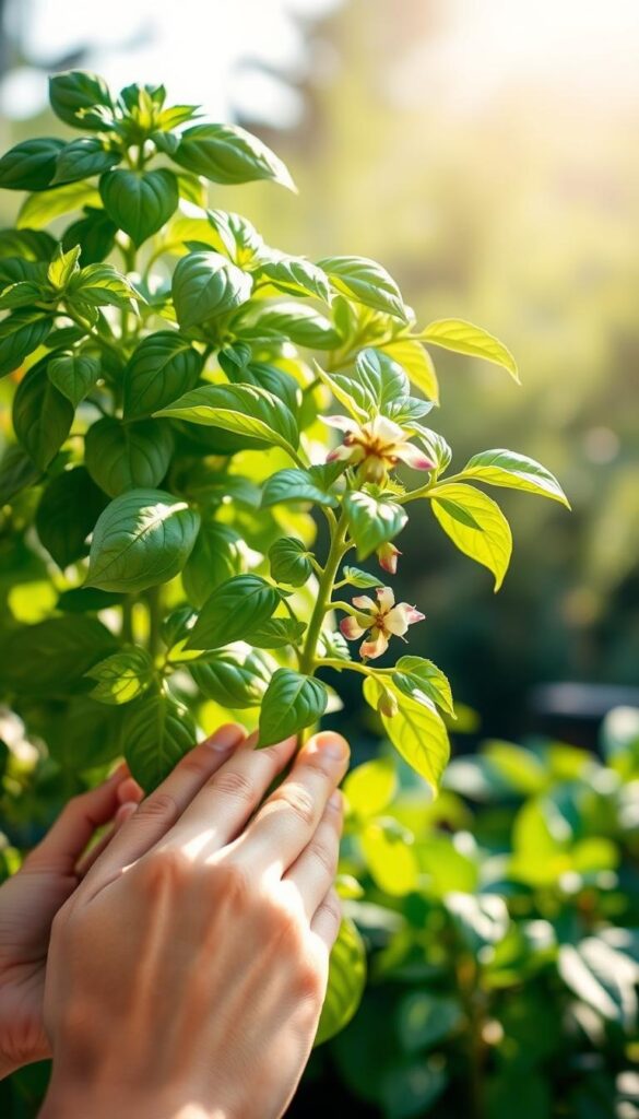 A vibrant basil plant set against a soft, natural backdrop. The foreground features a pair of hands gently pruning the lush, green leaves, revealing the optimal time to trim - when the plant reaches around 6-8 inches in height and the leaves are full and healthy. Dappled sunlight filters through the scene, creating a warm, inviting atmosphere. The middle ground showcases the plant's flowering stems, a sign that it's ready for harvesting. In the background, a verdant, blurred garden setting suggests the ideal growing conditions for this aromatic herb. A vibrant basil plant set against a soft, natural backdrop. The foreground features a pair of hands gently pruning the lush, green leaves, revealing the optimal time to trim - when the plant reaches around 6-8 inches in height and the leaves are full and healthy. Dappled sunlight filters through the scene, creating a warm, inviting atmosphere. The middle ground showcases the plant's flowering stems, a sign that it's ready for harvesting. In the background, a verdant, blurred garden setting suggests the ideal growing conditions for this aromatic herb.