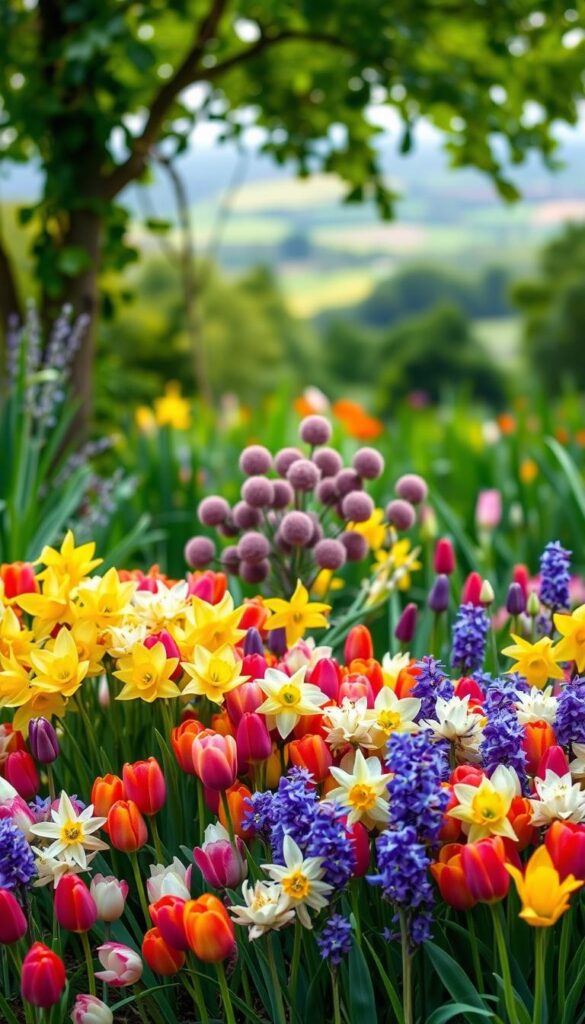 A vibrant, beautifully layered display of bulbs in a lush garden setting. In the foreground, a meticulously arranged composition of tulips, daffodils, and hyacinths in a range of vivid colors, their petals gently illuminated by soft, natural light. The middle ground features a cluster of alliums, their spherical purple blooms adding depth and visual interest. In the background, a verdant backdrop of verdant foliage and a slightly blurred, picturesque landscape, creating a sense of depth and tranquility. The overall scene conveys a harmonious, inviting atmosphere, inspiring the viewer to recreate this enchanting layered bulb display in their own garden.