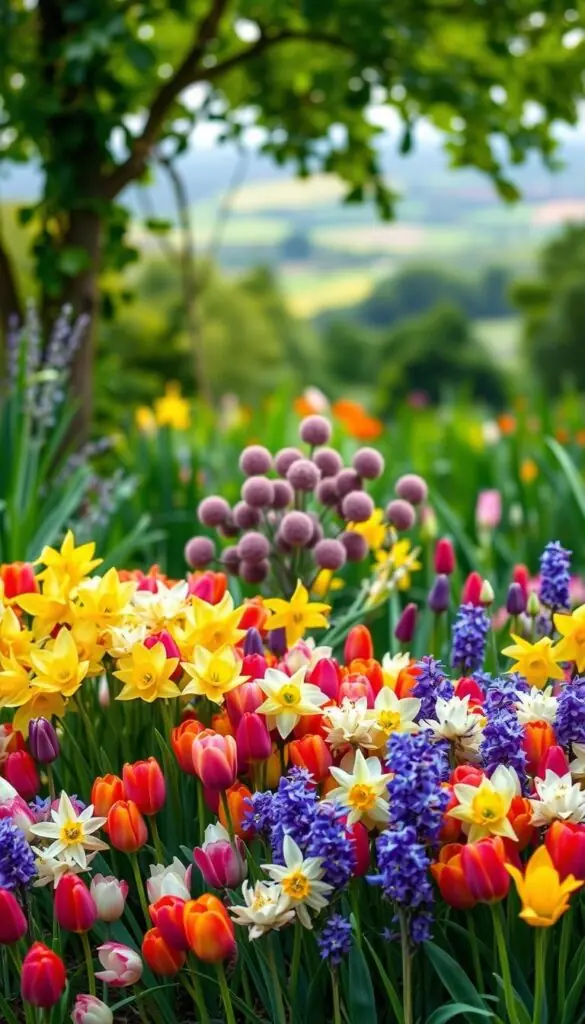 A vibrant, beautifully layered display of bulbs in a lush garden setting. In the foreground, a meticulously arranged composition of tulips, daffodils, and hyacinths in a range of vivid colors, their petals gently illuminated by soft, natural light. The middle ground features a cluster of alliums, their spherical purple blooms adding depth and visual interest. In the background, a verdant backdrop of verdant foliage and a slightly blurred, picturesque landscape, creating a sense of depth and tranquility. The overall scene conveys a harmonious, inviting atmosphere, inspiring the viewer to recreate this enchanting layered bulb display in their own garden. A vibrant, beautifully layered display of bulbs in a lush garden setting. In the foreground, a meticulously arranged composition of tulips, daffodils, and hyacinths in a range of vivid colors, their petals gently illuminated by soft, natural light. The middle ground features a cluster of alliums, their spherical purple blooms adding depth and visual interest. In the background, a verdant backdrop of verdant foliage and a slightly blurred, picturesque landscape, creating a sense of depth and tranquility. The overall scene conveys a harmonious, inviting atmosphere, inspiring the viewer to recreate this enchanting layered bulb display in their own garden.