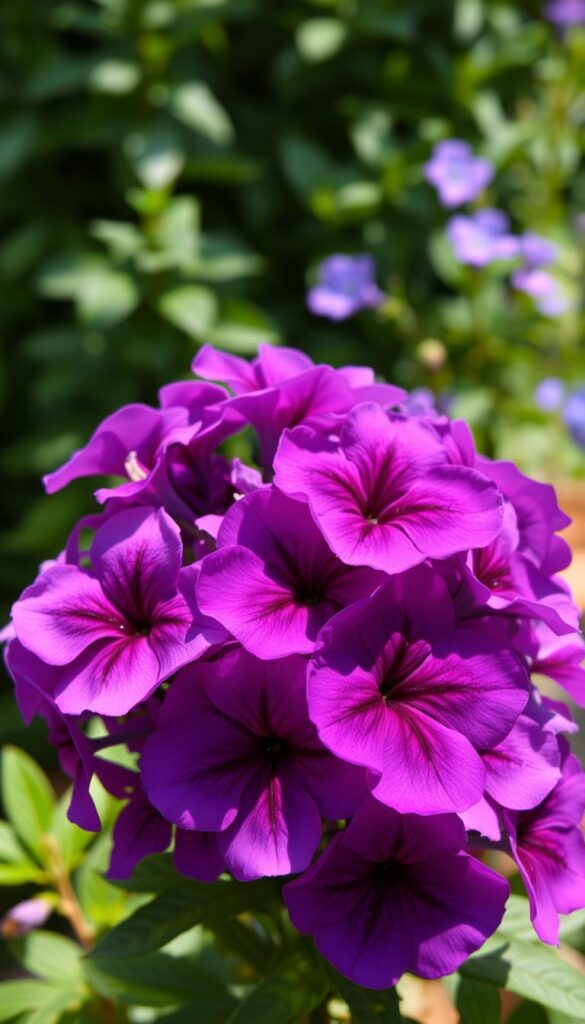 A vibrant bouquet of lush, velvety purple flowers blooms in the foreground, their petals softly illuminated by warm, diffused natural lighting. The flowers appear to have been carefully curated, with a mix of different hues and varieties, including delicate lavender, rich amethyst, and deep, regal plum tones. In the middle ground, a slightly blurred green foliage forms a natural backdrop, hinting at a verdant garden setting. The overall composition evokes a sense of tranquility and natural beauty, perfectly capturing the alluring visual cues that beckon bees and butterflies to these captivating blooms.