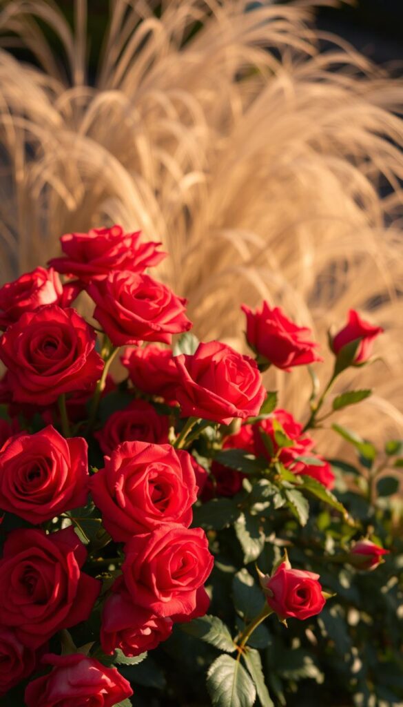 A vibrant bouquet of lush, velvety red roses nestled against a backdrop of soft, wispy foliage. The blooms are illuminated by warm, golden light, casting delicate shadows that accentuate their intricate petals. The roses stand tall, their stems anchored firmly in the earth, exuding an air of resilience and tranquility. The scene is framed by a gentle breeze, hinting at the gentle fall trimming needed to prevent wind rock and maintain the roses' health and vigor. The overall mood is one of serene elegance, inviting the viewer to pause and appreciate the beauty of these timeless flowers. A vibrant bouquet of lush, velvety red roses nestled against a backdrop of soft, wispy foliage. The blooms are illuminated by warm, golden light, casting delicate shadows that accentuate their intricate petals. The roses stand tall, their stems anchored firmly in the earth, exuding an air of resilience and tranquility. The scene is framed by a gentle breeze, hinting at the gentle fall trimming needed to prevent wind rock and maintain the roses' health and vigor. The overall mood is one of serene elegance, inviting the viewer to pause and appreciate the beauty of these timeless flowers.