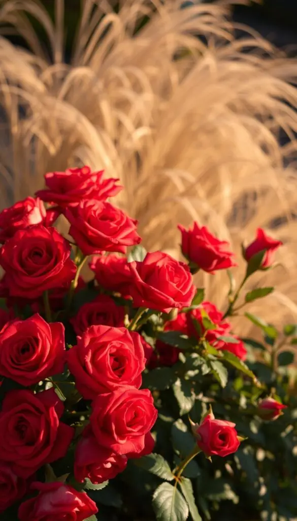 A vibrant bouquet of lush, velvety red roses nestled against a backdrop of soft, wispy foliage. The blooms are illuminated by warm, golden light, casting delicate shadows that accentuate their intricate petals. The roses stand tall, their stems anchored firmly in the earth, exuding an air of resilience and tranquility. The scene is framed by a gentle breeze, hinting at the gentle fall trimming needed to prevent wind rock and maintain the roses' health and vigor. The overall mood is one of serene elegance, inviting the viewer to pause and appreciate the beauty of these timeless flowers. A vibrant bouquet of lush, velvety red roses nestled against a backdrop of soft, wispy foliage. The blooms are illuminated by warm, golden light, casting delicate shadows that accentuate their intricate petals. The roses stand tall, their stems anchored firmly in the earth, exuding an air of resilience and tranquility. The scene is framed by a gentle breeze, hinting at the gentle fall trimming needed to prevent wind rock and maintain the roses' health and vigor. The overall mood is one of serene elegance, inviting the viewer to pause and appreciate the beauty of these timeless flowers.