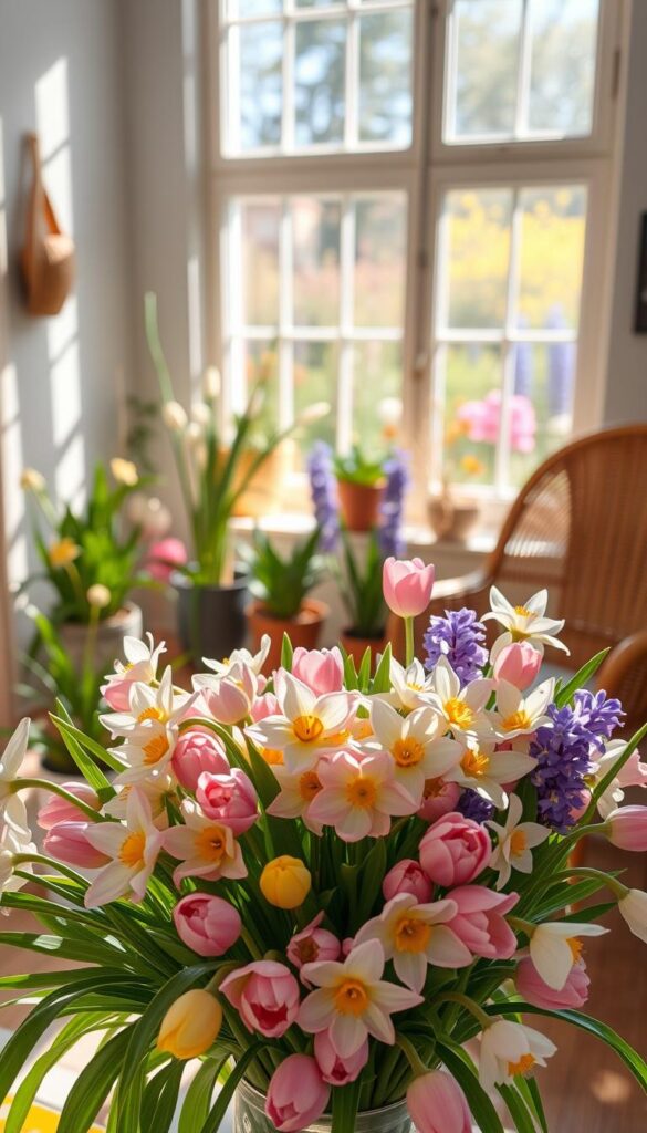 A vibrant bouquet of spring flowers in a sun-dappled room, captured by a high-resolution camera with a shallow depth of field. In the foreground, a vase overflows with a lush arrangement of pastel tulips, delicate daffodils, and fragrant hyacinths. The middle ground features potted plants and a wicker chair, while the background showcases a large window framing a garden in bloom. The lighting is soft and warm, casting a gentle glow on the scene, evoking a sense of peace and renewal. The overall composition highlights the natural beauty of the spring flowers, creating a serene and inviting atmosphere. A vibrant bouquet of spring flowers in a sun-dappled room, captured by a high-resolution camera with a shallow depth of field. In the foreground, a vase overflows with a lush arrangement of pastel tulips, delicate daffodils, and fragrant hyacinths. The middle ground features potted plants and a wicker chair, while the background showcases a large window framing a garden in bloom. The lighting is soft and warm, casting a gentle glow on the scene, evoking a sense of peace and renewal. The overall composition highlights the natural beauty of the spring flowers, creating a serene and inviting atmosphere.
