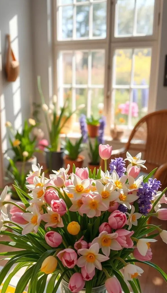 A vibrant bouquet of spring flowers in a sun-dappled room, captured by a high-resolution camera with a shallow depth of field. In the foreground, a vase overflows with a lush arrangement of pastel tulips, delicate daffodils, and fragrant hyacinths. The middle ground features potted plants and a wicker chair, while the background showcases a large window framing a garden in bloom. The lighting is soft and warm, casting a gentle glow on the scene, evoking a sense of peace and renewal. The overall composition highlights the natural beauty of the spring flowers, creating a serene and inviting atmosphere. A vibrant bouquet of spring flowers in a sun-dappled room, captured by a high-resolution camera with a shallow depth of field. In the foreground, a vase overflows with a lush arrangement of pastel tulips, delicate daffodils, and fragrant hyacinths. The middle ground features potted plants and a wicker chair, while the background showcases a large window framing a garden in bloom. The lighting is soft and warm, casting a gentle glow on the scene, evoking a sense of peace and renewal. The overall composition highlights the natural beauty of the spring flowers, creating a serene and inviting atmosphere.