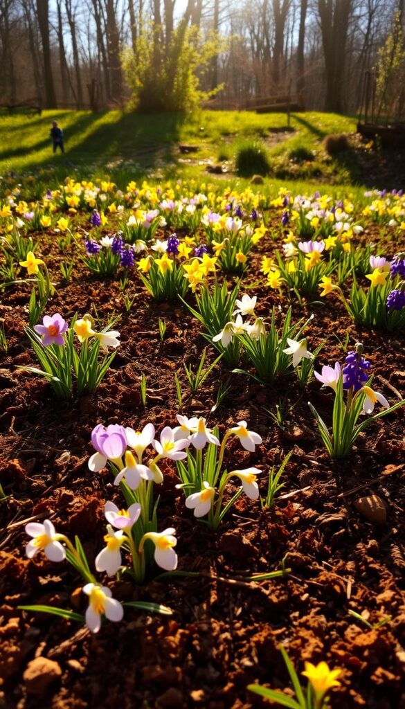 A vibrant carpet of naturalizing spring bulbs, bathed in warm, golden afternoon sunlight. In the foreground, clusters of delicate crocus and snowdrops emerge from the rich, loamy soil, their petals softly catching the light. In the middle ground, swaths of cheerful daffodils and grape hyacinths sway gently, their bright colors contrasting against the verdant grass. In the background, a lush, wooded landscape provides a tranquil, natural backdrop, hinting at the imminent arrival of the new growing season. The overall scene conveys a sense of effortless beauty and the reliable, cyclical nature of early spring's floral display.