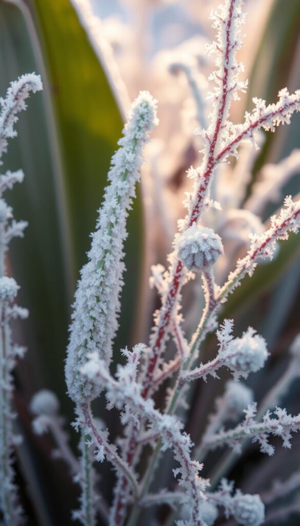 A vibrant close-up of delicate frost patterns covering the leaves and stems of a variety of plants. The intricate, crystalline structures glisten in the soft, diffused light, creating a captivating, ethereal scene. The plants appear to be in a state of dormancy, with a sense of stillness and tranquility pervading the composition. The background is slightly blurred, allowing the viewer to focus on the stunning details of the frost-covered foliage. The mood is one of wonder and appreciation for the natural beauty that can arise from the forces of winter.