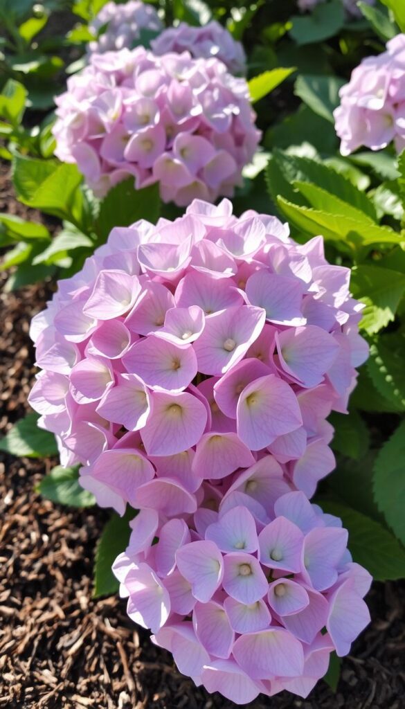A vibrant close-up of fresh, luscious hydrangea blooms in full display, nestled amidst a well-mulched garden bed. The flowers appear in soft, pastel hues of lavender, pink, and white, their petals delicately overlapping to create a captivating, textural composition. Dappled sunlight filters through the leaves, casting gentle shadows and highlights that accentuate the blooms' intricate shapes and forms. The scene conveys a sense of lush, verdant abundance, inviting the viewer to imagine the rich, nourishing soil that supports these thriving plants. An atmospheric, almost dreamlike quality permeates the image, evoking the tranquility and joy of a well-tended, flourishing hydrangea garden. A vibrant close-up of fresh, luscious hydrangea blooms in full display, nestled amidst a well-mulched garden bed. The flowers appear in soft, pastel hues of lavender, pink, and white, their petals delicately overlapping to create a captivating, textural composition. Dappled sunlight filters through the leaves, casting gentle shadows and highlights that accentuate the blooms' intricate shapes and forms. The scene conveys a sense of lush, verdant abundance, inviting the viewer to imagine the rich, nourishing soil that supports these thriving plants. An atmospheric, almost dreamlike quality permeates the image, evoking the tranquility and joy of a well-tended, flourishing hydrangea garden.