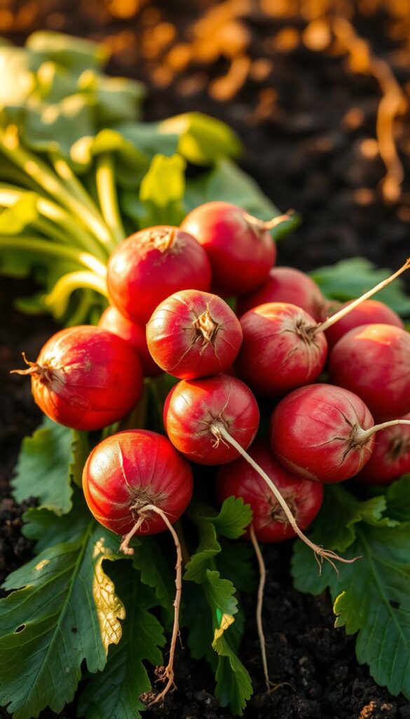 A vibrant close-up of freshly harvested radishes, their crisp scarlet roots bursting from the rich, dark soil. The radishes are artfully arranged, highlighting their round, plump shapes and contrasting with lush green leaves that cascade around them. Warm, golden lighting illuminates the scene, casting gentle shadows and accentuating the radishes' glossy, textured skin. The composition is balanced, drawing the viewer's eye to the central cluster of radishes, while the background fades into a soft, out-of-focus blur, creating a sense of depth and emphasis. The overall mood is one of natural abundance and the satisfying rewards of quick-growing, flavorful produce. A vibrant close-up of freshly harvested radishes, their crisp scarlet roots bursting from the rich, dark soil. The radishes are artfully arranged, highlighting their round, plump shapes and contrasting with lush green leaves that cascade around them. Warm, golden lighting illuminates the scene, casting gentle shadows and accentuating the radishes' glossy, textured skin. The composition is balanced, drawing the viewer's eye to the central cluster of radishes, while the background fades into a soft, out-of-focus blur, creating a sense of depth and emphasis. The overall mood is one of natural abundance and the satisfying rewards of quick-growing, flavorful produce.