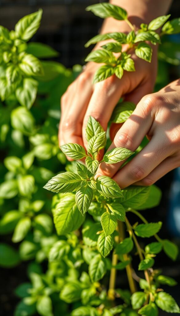 A vibrant, close-up photograph of a gardener's hands gently pruning a lush, verdant basil plant. Soft, natural lighting illuminates the intricate leaves and delicate, feathery stems. The background is blurred, keeping the focus on the precise, skilled pruning technique. The image captures the rhythmic, meditative act of grooming the basil to encourage continuous, healthy growth - a crucial step in maintaining a robust, fragrant, and bountiful basil harvest. A vibrant, close-up photograph of a gardener's hands gently pruning a lush, verdant basil plant. Soft, natural lighting illuminates the intricate leaves and delicate, feathery stems. The background is blurred, keeping the focus on the precise, skilled pruning technique. The image captures the rhythmic, meditative act of grooming the basil to encourage continuous, healthy growth - a crucial step in maintaining a robust, fragrant, and bountiful basil harvest.