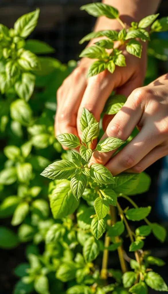 A vibrant, close-up photograph of a gardener's hands gently pruning a lush, verdant basil plant. Soft, natural lighting illuminates the intricate leaves and delicate, feathery stems. The background is blurred, keeping the focus on the precise, skilled pruning technique. The image captures the rhythmic, meditative act of grooming the basil to encourage continuous, healthy growth - a crucial step in maintaining a robust, fragrant, and bountiful basil harvest. A vibrant, close-up photograph of a gardener's hands gently pruning a lush, verdant basil plant. Soft, natural lighting illuminates the intricate leaves and delicate, feathery stems. The background is blurred, keeping the focus on the precise, skilled pruning technique. The image captures the rhythmic, meditative act of grooming the basil to encourage continuous, healthy growth - a crucial step in maintaining a robust, fragrant, and bountiful basil harvest.