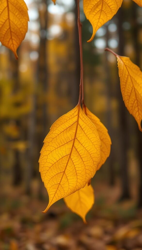 A vibrant, close-up photograph of several yellow autumn leaves, gently falling against a blurred, out-of-focus forest background. The leaves appear lush and textural, with intricate veins and gradients of gold, ochre, and amber. The lighting is soft and diffused, creating a warm, autumnal atmosphere. The composition is balanced, with the leaves occupying the center and lower third of the frame, drawing the viewer's eye to their details. The depth of field is shallow, ensuring the background remains hazy and indistinct, keeping the focus on the striking foliage. A vibrant, close-up photograph of several yellow autumn leaves, gently falling against a blurred, out-of-focus forest background. The leaves appear lush and textural, with intricate veins and gradients of gold, ochre, and amber. The lighting is soft and diffused, creating a warm, autumnal atmosphere. The composition is balanced, with the leaves occupying the center and lower third of the frame, drawing the viewer's eye to their details. The depth of field is shallow, ensuring the background remains hazy and indistinct, keeping the focus on the striking foliage.