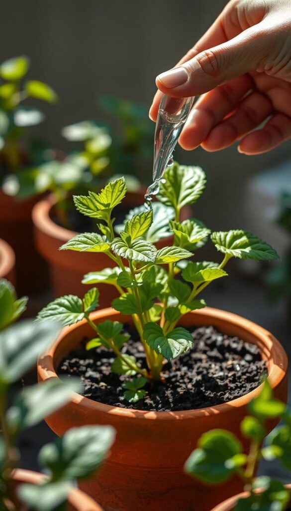 A vibrant, close-up view of a hand gently watering a lush, verdant plant in a terra cotta pot. Soft, diffused natural light bathes the scene, casting gentle shadows that accentuate the textures of the soil, leaves, and water droplets. The foreground is in sharp focus, drawing the viewer's eye to the act of nurturing the plant, while the background is pleasantly blurred, creating a sense of tranquility and concentration. The composition is balanced, with the plant positioned slightly off-center to create visual interest. The overall mood is one of care, attention, and the rewarding simplicity of container gardening. A vibrant, close-up view of a hand gently watering a lush, verdant plant in a terra cotta pot. Soft, diffused natural light bathes the scene, casting gentle shadows that accentuate the textures of the soil, leaves, and water droplets. The foreground is in sharp focus, drawing the viewer's eye to the act of nurturing the plant, while the background is pleasantly blurred, creating a sense of tranquility and concentration. The composition is balanced, with the plant positioned slightly off-center to create visual interest. The overall mood is one of care, attention, and the rewarding simplicity of container gardening.