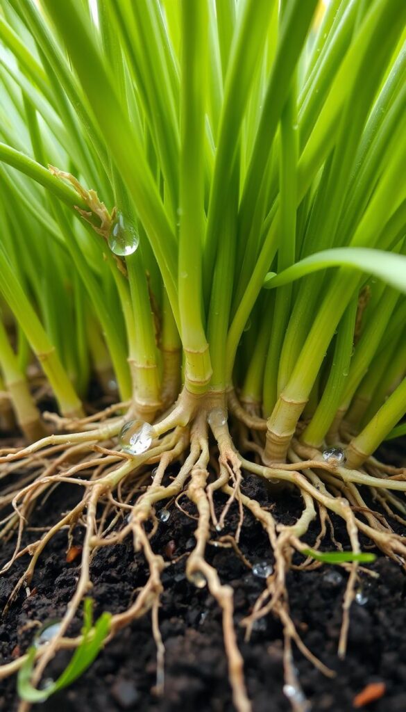 A vibrant, close-up view of lush, fibrous roots emerging from soil, with glistening dew drops clinging to the delicate tendrils. The roots are surrounded by a ring of healthy, green grass blades, creating a natural, earthy composition. Soft, diffused lighting from above illuminates the scene, casting gentle shadows that accentuate the intricate textures and patterns of the roots. The depth of field is shallow, allowing the roots to be the clear focal point, while the background blurs into a soothing, out-of-focus greenery. The overall mood is one of nurturing, protection, and the fragile balance of a thriving lawn ecosystem.