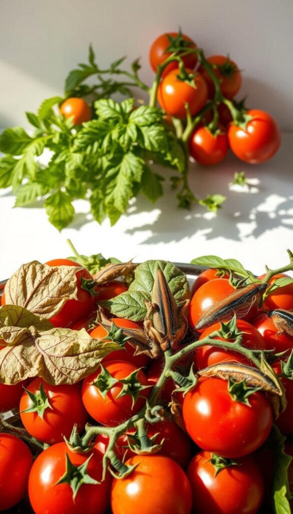 A vibrant, close-up visual of various common tomato diseases and pests, set against a clean, minimal background. In the foreground, a collection of diseased tomato leaves, stems, and fruits, showcasing issues like early blight, late blight, Septoria leaf spot, and tomato hornworms. The middle ground features a few healthy tomato plants, contrasting the diseased specimens. Warm, natural lighting illuminates the scene, casting subtle shadows. The overall composition emphasizes the importance of identifying and addressing small problems before they escalate, supporting the article's theme of growing healthy, ripened tomatoes.