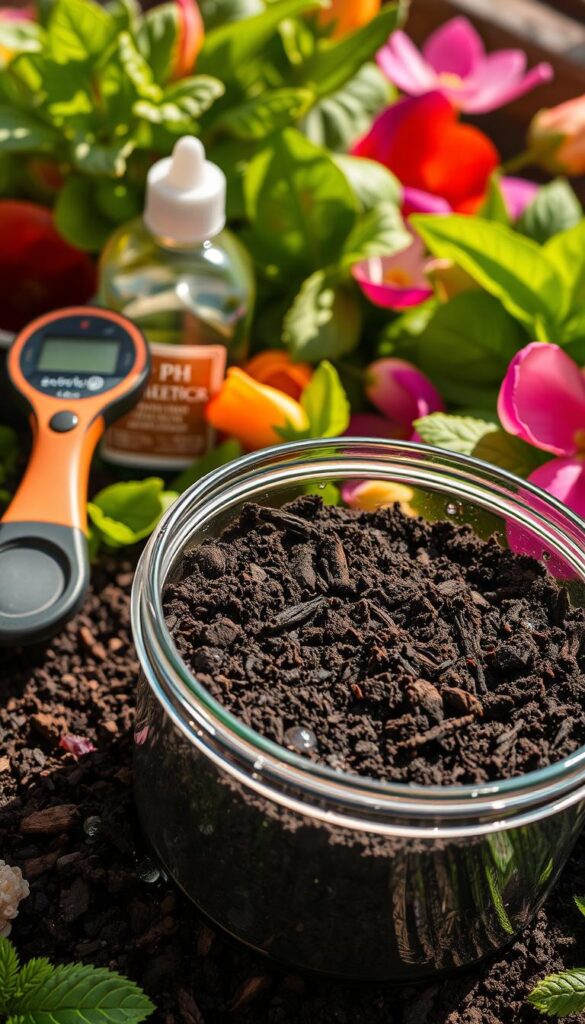 A vibrant, closeup still life composition showcasing a variety of organic gardening materials. In the foreground, a transparent glass container holds a rich, dark potting mix, its surface dotted with moisture beads. Surrounding it, an assortment of garden tools and accessories - a pH meter, a bottle of liquid fertilizer, a small hand trowel. The middle ground features lush, verdant leaves and petals, hinting at the flourishing plant life the mix will nourish. Warm, natural lighting bathes the scene, casting gentle shadows and highlights that emphasize the textures and details. The overall mood is one of balanced, harmonious preparation for optimal flower growth.
