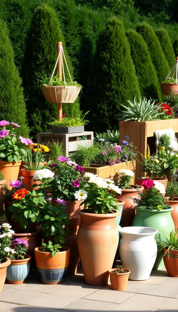 A vibrant collection of diverse planters arranged in a well-lit outdoor setting. In the foreground, an assortment of colorful ceramic and terracotta pots in various sizes and shapes, overflowing with lush greenery and blooming flowers. The middle ground features a mix of wooden planter boxes and hanging baskets, creating a layered and visually interesting display. In the background, a verdant backdrop of neatly trimmed shrubs and trees provides a natural, serene ambiance. The lighting is warm and inviting, casting a soft glow that accentuates the textures and hues of the plants and containers. The overall composition conveys a sense of effortless elegance and the joy of cultivating a thriving, low-maintenance outdoor oasis.