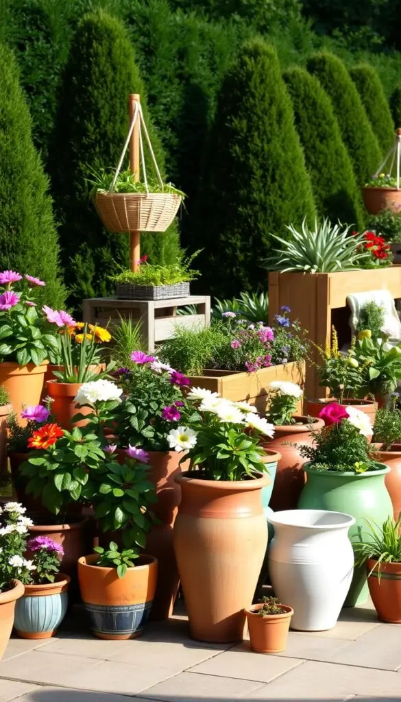 A vibrant collection of diverse planters arranged in a well-lit outdoor setting. In the foreground, an assortment of colorful ceramic and terracotta pots in various sizes and shapes, overflowing with lush greenery and blooming flowers. The middle ground features a mix of wooden planter boxes and hanging baskets, creating a layered and visually interesting display. In the background, a verdant backdrop of neatly trimmed shrubs and trees provides a natural, serene ambiance. The lighting is warm and inviting, casting a soft glow that accentuates the textures and hues of the plants and containers. The overall composition conveys a sense of effortless elegance and the joy of cultivating a thriving, low-maintenance outdoor oasis. A vibrant collection of diverse planters arranged in a well-lit outdoor setting. In the foreground, an assortment of colorful ceramic and terracotta pots in various sizes and shapes, overflowing with lush greenery and blooming flowers. The middle ground features a mix of wooden planter boxes and hanging baskets, creating a layered and visually interesting display. In the background, a verdant backdrop of neatly trimmed shrubs and trees provides a natural, serene ambiance. The lighting is warm and inviting, casting a soft glow that accentuates the textures and hues of the plants and containers. The overall composition conveys a sense of effortless elegance and the joy of cultivating a thriving, low-maintenance outdoor oasis.