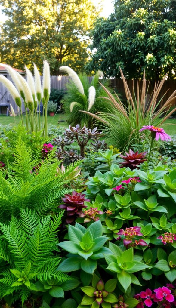 A vibrant collection of lush, thriving plants in a well-composed backyard setting. In the foreground, a diverse arrangement of hearty, leafy greenery in various shades and textures, including ferns, succulents, and flowering plants. The middle ground features a mix of taller plants, like ornamental grasses and shrubs, creating depth and visual interest. In the background, a few mature trees provide a natural canopy, casting warm, dappled light across the scene. The overall composition has a balance of organic shapes and lines, conveying a sense of tranquility and harmony. The lighting is soft and natural, highlighting the vivid colors and details of the plants.