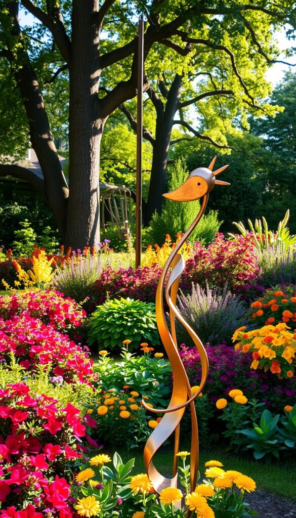 A vibrant, colorful garden sculpture taking center stage in a lush, verdant backyard. In the foreground, a whimsical, abstract metal statue in shimmering copper and bronze tones, catching the warm afternoon sunlight. The sculpture's dynamic, flowing lines and organic shapes create a sense of movement and energy. In the middle ground, a backdrop of flourishing perennials and shrubs in a riot of vibrant hues - ruby red, sunshine yellow, deep indigo. Towering trees in the background provide a natural canopy, casting a gentle, dappled light across the scene. The overall atmosphere is one of joyful, harmonious balance between the art and nature, inviting the viewer to pause and appreciate the beauty of this captivating garden sculpture.
