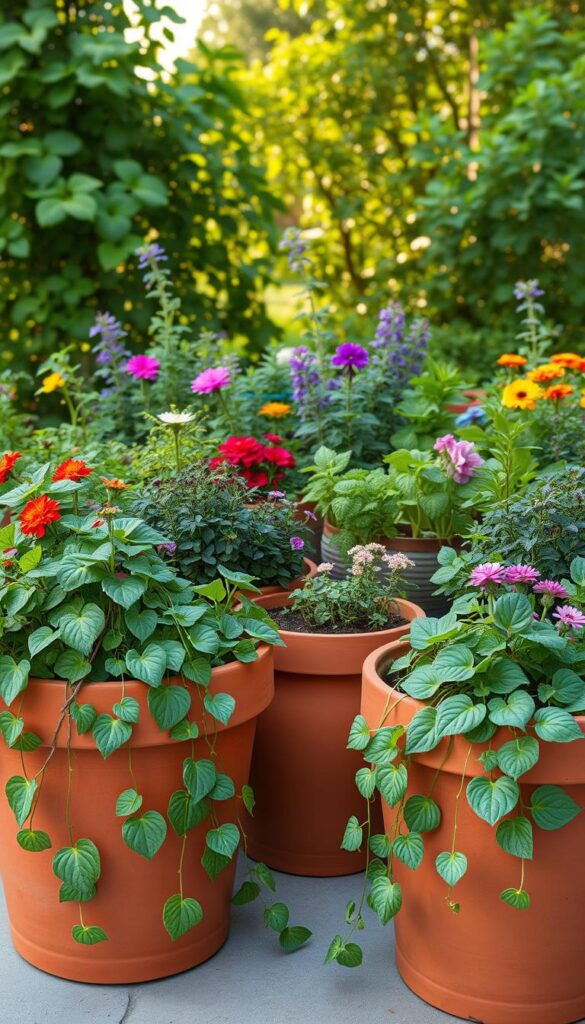 A vibrant container garden filled with a diverse array of lush, thriving plants. In the foreground, eye-catching trailing vines spill over the edges of terracotta pots, their leaves and flowers cascading down. In the middle ground, a mix of potted herbs, vegetables, and flowering annuals create a colorful, abundant display. The background features a gentle natural setting, with a warm, golden light filtering through verdant foliage, casting a serene, inviting atmosphere. The composition is framed by a clean, minimalist layout, showcasing the beauty and versatility of container gardening. A vibrant container garden filled with a diverse array of lush, thriving plants. In the foreground, eye-catching trailing vines spill over the edges of terracotta pots, their leaves and flowers cascading down. In the middle ground, a mix of potted herbs, vegetables, and flowering annuals create a colorful, abundant display. The background features a gentle natural setting, with a warm, golden light filtering through verdant foliage, casting a serene, inviting atmosphere. The composition is framed by a clean, minimalist layout, showcasing the beauty and versatility of container gardening.