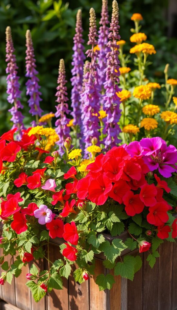 A vibrant container garden showcasing a harmonious seasonal floral combination. In the foreground, lush blooms of red geraniums and pink begonias cascade over the edge of a rustic wooden planter. In the middle ground, tall purple salvia spires and golden marigolds add depth and texture. The background features a backdrop of verdant foliage, creating a lush, inviting atmosphere. Warm, natural lighting filters through the scene, casting a soft, golden glow and highlighting the vibrant colors. The overall composition evokes a sense of effortless beauty and the joy of container gardening. A vibrant container garden showcasing a harmonious seasonal floral combination. In the foreground, lush blooms of red geraniums and pink begonias cascade over the edge of a rustic wooden planter. In the middle ground, tall purple salvia spires and golden marigolds add depth and texture. The background features a backdrop of verdant foliage, creating a lush, inviting atmosphere. Warm, natural lighting filters through the scene, casting a soft, golden glow and highlighting the vibrant colors. The overall composition evokes a sense of effortless beauty and the joy of container gardening.