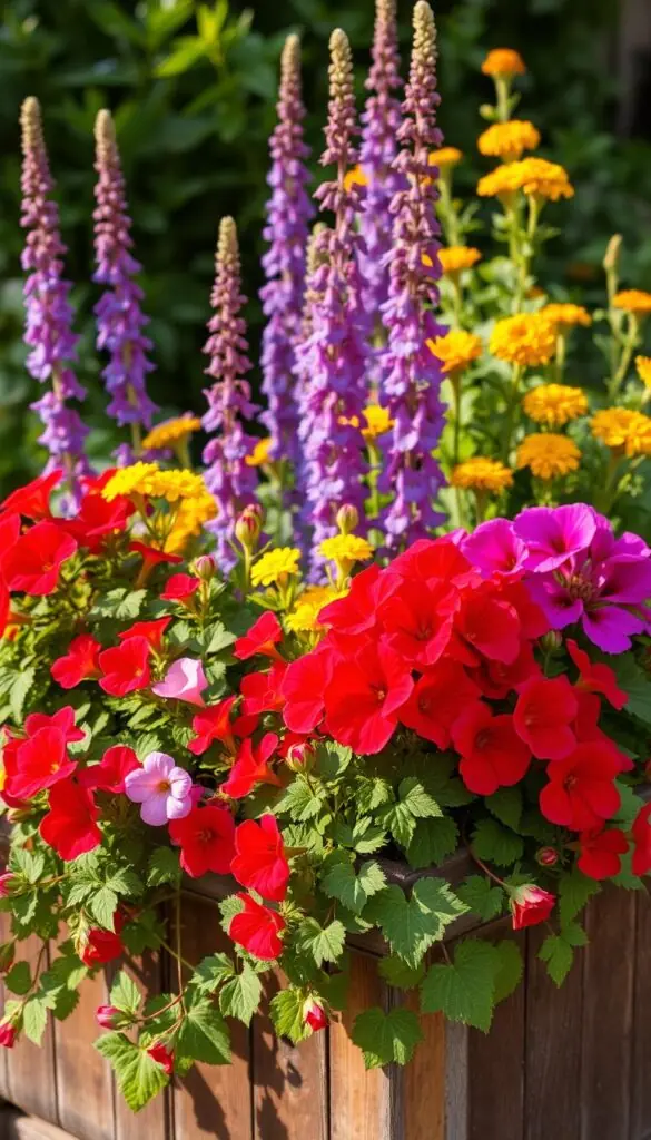 A vibrant container garden showcasing a harmonious seasonal floral combination. In the foreground, lush blooms of red geraniums and pink begonias cascade over the edge of a rustic wooden planter. In the middle ground, tall purple salvia spires and golden marigolds add depth and texture. The background features a backdrop of verdant foliage, creating a lush, inviting atmosphere. Warm, natural lighting filters through the scene, casting a soft, golden glow and highlighting the vibrant colors. The overall composition evokes a sense of effortless beauty and the joy of container gardening. A vibrant container garden showcasing a harmonious seasonal floral combination. In the foreground, lush blooms of red geraniums and pink begonias cascade over the edge of a rustic wooden planter. In the middle ground, tall purple salvia spires and golden marigolds add depth and texture. The background features a backdrop of verdant foliage, creating a lush, inviting atmosphere. Warm, natural lighting filters through the scene, casting a soft, golden glow and highlighting the vibrant colors. The overall composition evokes a sense of effortless beauty and the joy of container gardening.