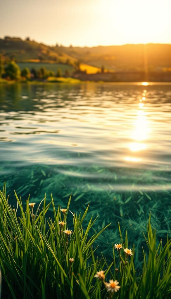 A vibrant, crystal-clear body of fresh water reflecting the warm, golden hues of the afternoon sun. The tranquil surface is slightly rippled, creating a mesmerizing dance of light and shadow. In the foreground, lush green grass gently sways, dotted with delicate wildflowers. The middle ground features a picturesque landscape with rolling hills and verdant trees, blending seamlessly into the distant horizon. Soft, diffused lighting bathes the entire scene, creating a serene and inviting atmosphere. The composition is balanced and harmonious, drawing the viewer's eye through the layers of the image. This calming, naturalistic depiction of water would perfectly complement the article's section on reviving a lawn after winter. A vibrant, crystal-clear body of fresh water reflecting the warm, golden hues of the afternoon sun. The tranquil surface is slightly rippled, creating a mesmerizing dance of light and shadow. In the foreground, lush green grass gently sways, dotted with delicate wildflowers. The middle ground features a picturesque landscape with rolling hills and verdant trees, blending seamlessly into the distant horizon. Soft, diffused lighting bathes the entire scene, creating a serene and inviting atmosphere. The composition is balanced and harmonious, drawing the viewer's eye through the layers of the image. This calming, naturalistic depiction of water would perfectly complement the article's section on reviving a lawn after winter.