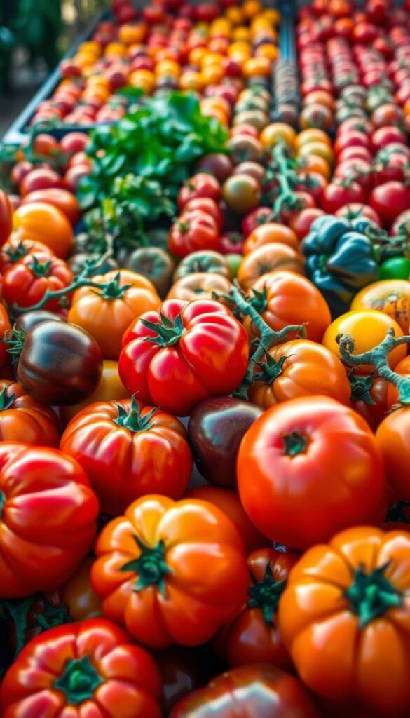 A vibrant display of diverse tomato varieties, arranged in a visually striking composition. The foreground features an assortment of heirloom tomatoes in a range of colors, shapes, and sizes, their ripe, glistening skins suggesting their juicy, flavorful interiors. In the middle ground, additional tomato cultivars are neatly organized, showcasing the breadth of options available to the discerning gardener. The background subtly blurs, drawing the eye to the central focal point - the variety of tomatoes, each one a unique manifestation of nature's bounty. The lighting is warm and natural, casting a golden glow that enhances the tomatoes' inherent vibrancy. The overall impression is one of abundance, diversity, and the promise of a bountiful harvest.