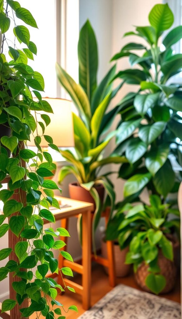 A vibrant display of easy-care houseplants thriving in a cozy, well-lit corner. In the foreground, lush green foliage of a pothos vine cascades down a wooden plant stand, its trailing tendrils gently swaying. In the middle ground, a thriving snake plant stands tall, its stiff, upright leaves reflecting the soft, warm lighting from a nearby lamp. In the background, a fiddle-leaf fig tree adds height and texture, its broad, glossy leaves catching the natural illumination from a large window. The overall scene exudes a sense of calm and tranquility, inviting the viewer to appreciate the simple pleasure of cultivating low-maintenance, yet visually captivating houseplants.