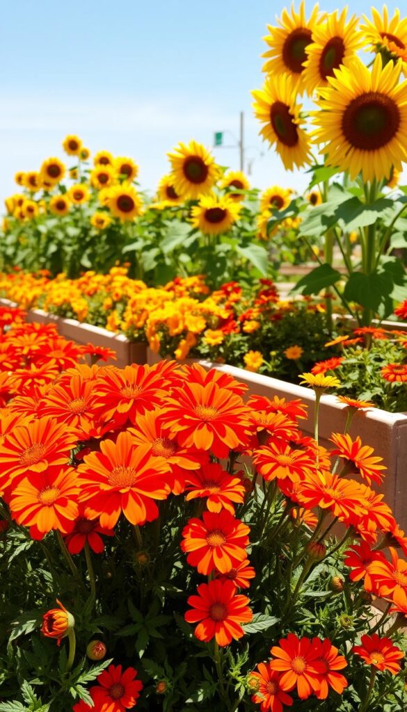 A vibrant display of instant-impact annuals flourishing in a sun-drenched garden. In the foreground, clusters of bold, fiery marigolds and zinnias burst with vivid hues, their petals radiating warmth. The middle ground features trailing nasturtiums cascading over the edges of raised garden beds, their bright orange and yellow blooms contrasting against the lush green foliage. In the background, towering sunflowers sway gently, their golden heads tracking the sun's arc across the cloudless sky. The lighting is natural and direct, casting sharp shadows and highlighting the vibrant colors. The overall scene conveys a sense of summer abundance, energy, and joie de vivre.
