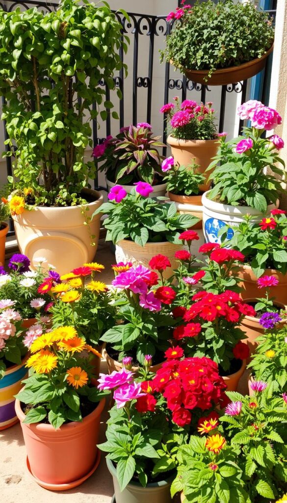 A vibrant display of potted plants and decorative containers arranged on a sunny patio or balcony. The foreground features a variety of lush, flowering annuals in colorful pots of varying shapes and sizes, strategically placed to create a visually appealing composition. The middle ground showcases larger container gardens, perhaps with a mix of trailing vines, upright foliage plants, and a focal point specimen. In the background, a wrought-iron or wooden railing frames the scene, hinting at the cozy, intimate outdoor living space. Natural, warm lighting casts gentle shadows, enhancing the textural details of the plants and containers. The overall mood is one of abundant, well-tended floral splendor, inviting the viewer to imagine themselves relaxing amidst this oasis of summer blooms. A vibrant display of potted plants and decorative containers arranged on a sunny patio or balcony. The foreground features a variety of lush, flowering annuals in colorful pots of varying shapes and sizes, strategically placed to create a visually appealing composition. The middle ground showcases larger container gardens, perhaps with a mix of trailing vines, upright foliage plants, and a focal point specimen. In the background, a wrought-iron or wooden railing frames the scene, hinting at the cozy, intimate outdoor living space. Natural, warm lighting casts gentle shadows, enhancing the textural details of the plants and containers. The overall mood is one of abundant, well-tended floral splendor, inviting the viewer to imagine themselves relaxing amidst this oasis of summer blooms.