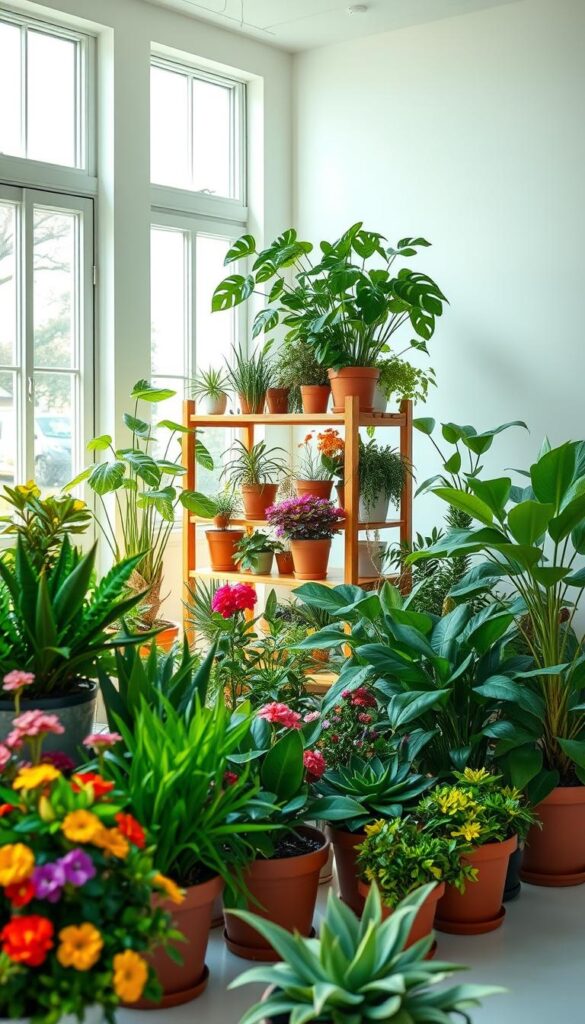 A vibrant display of seasonal care plants in a well-lit, airy indoor setting. In the foreground, a variety of thriving potted plants - lush foliage, blooming flowers, and verdant succulents. The middle ground features a wooden shelving unit displaying an assortment of healthy houseplants, their leaves gently swaying in a soft breeze. The background is a bright, minimalist room with large windows allowing natural light to flood the scene, casting a warm, inviting glow. The overall atmosphere conveys a sense of tranquility and rejuvenation, inspiring the viewer to nurture their own indoor greenery through seasonal care routines. A vibrant display of seasonal care plants in a well-lit, airy indoor setting. In the foreground, a variety of thriving potted plants - lush foliage, blooming flowers, and verdant succulents. The middle ground features a wooden shelving unit displaying an assortment of healthy houseplants, their leaves gently swaying in a soft breeze. The background is a bright, minimalist room with large windows allowing natural light to flood the scene, casting a warm, inviting glow. The overall atmosphere conveys a sense of tranquility and rejuvenation, inspiring the viewer to nurture their own indoor greenery through seasonal care routines.