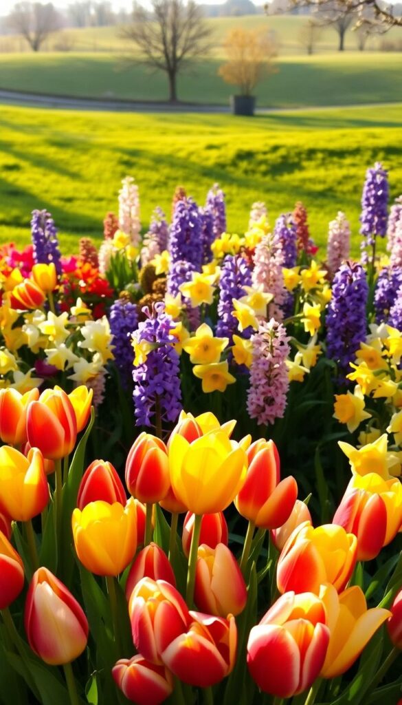 A vibrant display of spring blooms, bathed in soft, golden afternoon light. In the foreground, a lush cluster of colorful tulips, their petals gently unfurling. Behind them, a mix of cheerful daffodils, delicate hyacinths, and fragrant lilacs, creating a harmonious tapestry of textures and hues. The background features a pastoral scene, with a rolling green lawn and a distant line of budding trees, hinting at the promise of new life. The overall composition exudes a sense of warmth, renewal, and the unbridled optimism that embodies the arrival of spring. A vibrant display of spring blooms, bathed in soft, golden afternoon light. In the foreground, a lush cluster of colorful tulips, their petals gently unfurling. Behind them, a mix of cheerful daffodils, delicate hyacinths, and fragrant lilacs, creating a harmonious tapestry of textures and hues. The background features a pastoral scene, with a rolling green lawn and a distant line of budding trees, hinting at the promise of new life. The overall composition exudes a sense of warmth, renewal, and the unbridled optimism that embodies the arrival of spring.