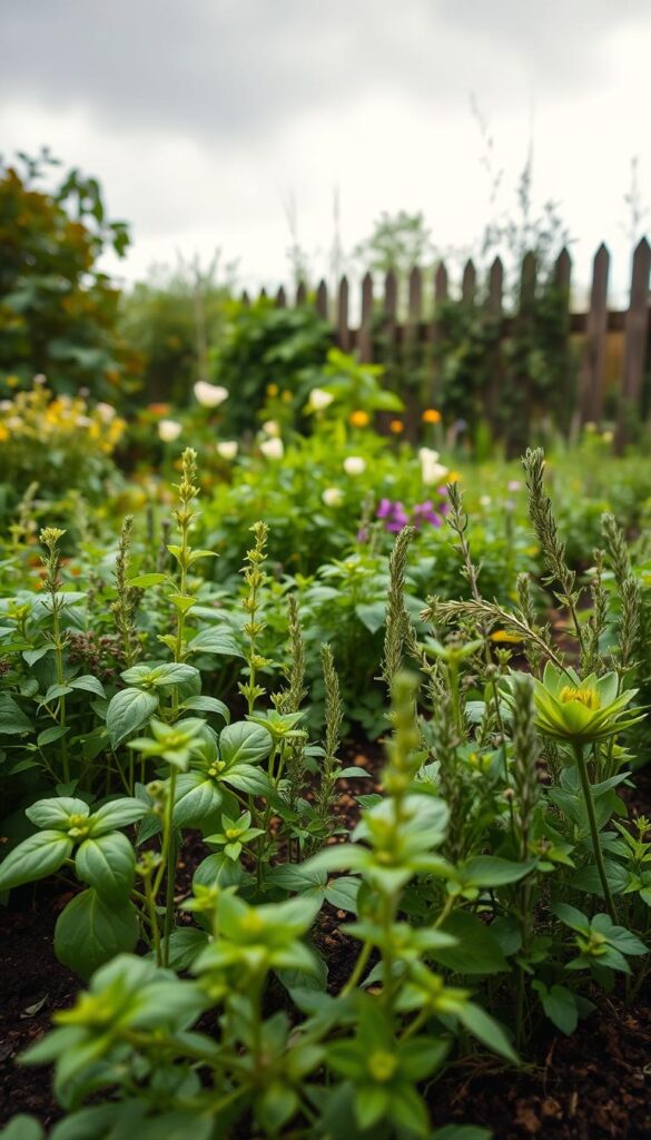 A vibrant early spring garden, filled with thriving herbs and lush foliage. In the foreground, rows of young basil, thyme, and rosemary plants sway gently in a light breeze. The middle ground showcases a variety of leafy greens and delicate flowers, creating a colorful tapestry. In the background, the scene is framed by a picturesque wooden fence, with a warm, overcast sky adding a soft, natural glow. The overall composition conveys a sense of tranquility and the promise of a bountiful harvest to come. Captured with a wide-angle lens, the image offers a welcoming and inviting perspective on the joys of cool-weather planting.
